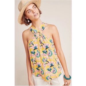 Maeve Anthropologie Mica tank top yellow pink floral sleeveless halter ring